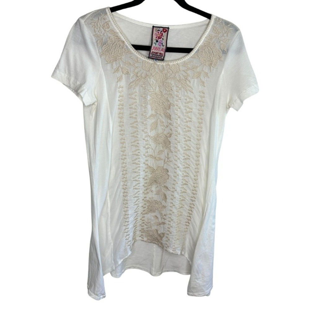JWLA Johnny Was White & Cream Embroidered Cotton High Low Tee Shirt Womens XS